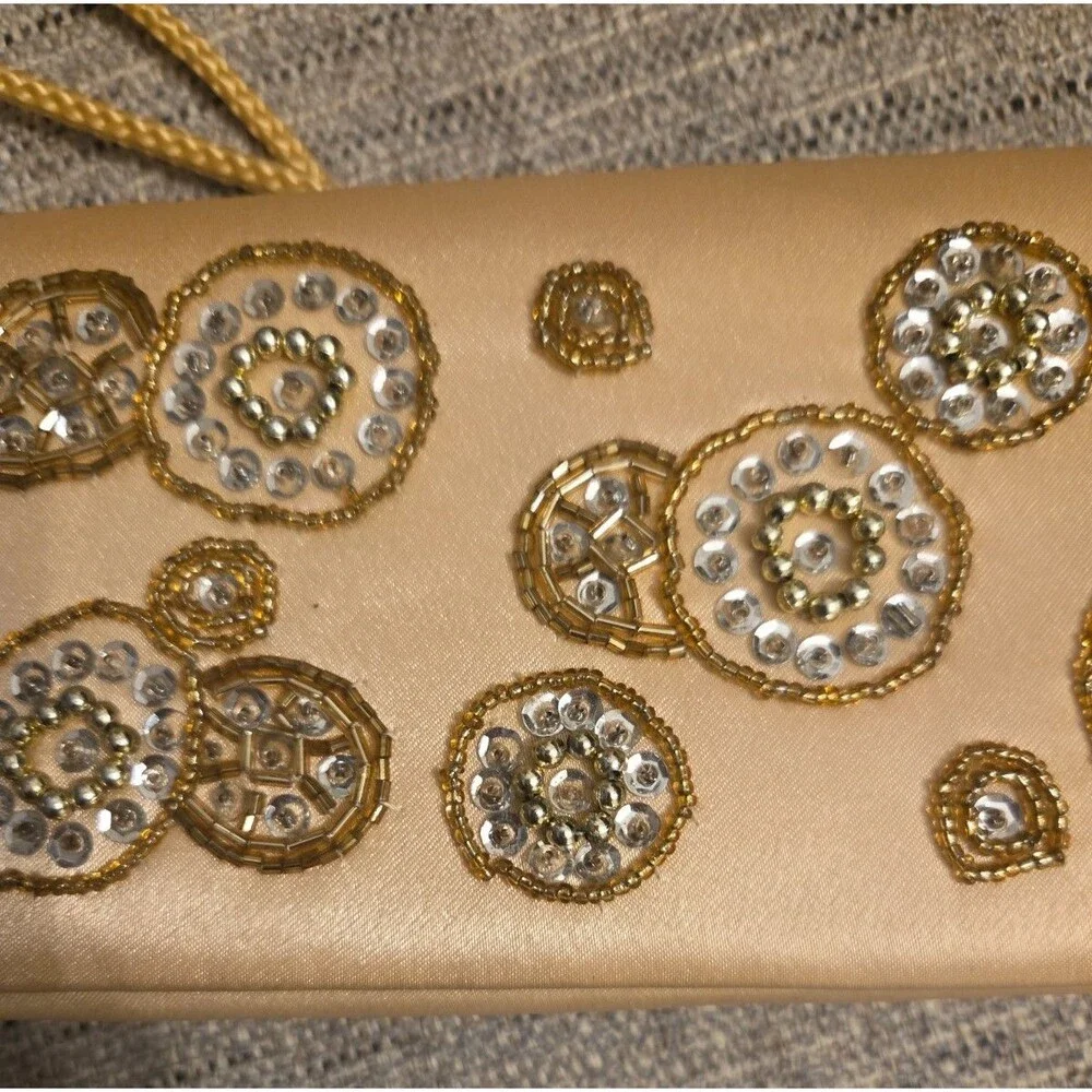 Yellow Satin Evening Clutch Wristlet Beaded Sequin Gold Hardware Formal Bag